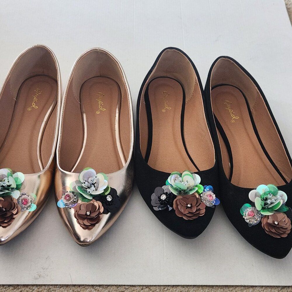 2 pair Rose Gold and Black Floral Flats